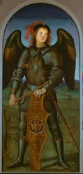 A Virgem e o Menino com SS. Raphael e Michael: painel da mão esquerda de St. Michael, c.1499 (painel)
